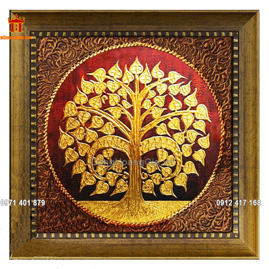 Tranh đồng cây bồ đề của Phật Bồ Tát mạ vàng 24K